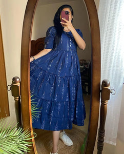 Libas Casual Blue Tiered Midi Dress with Ikat Print