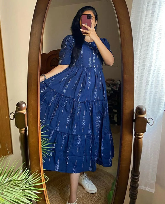 Libas Casual Blue Tiered Midi Dress with Ikat Print