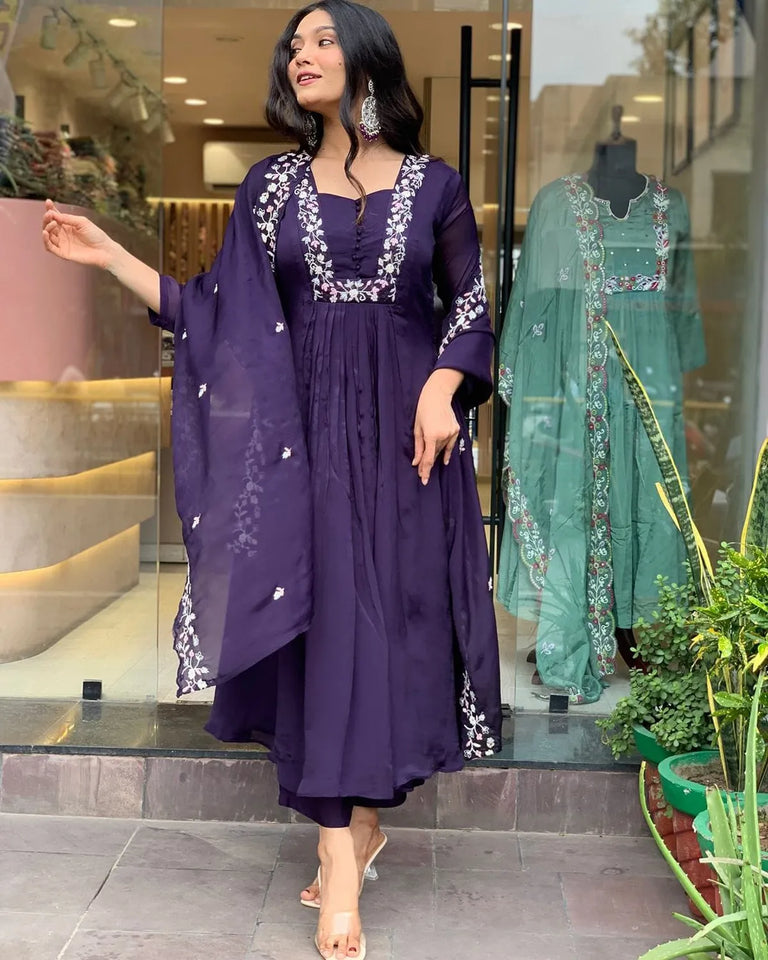 Libas Elegant Purple Embroidered Kurta Set with Dupatta