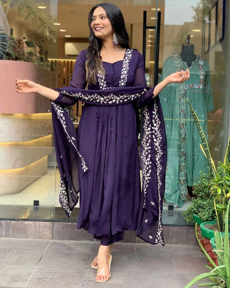 Libas Elegant Purple Embroidered Kurta Set with Dupatta