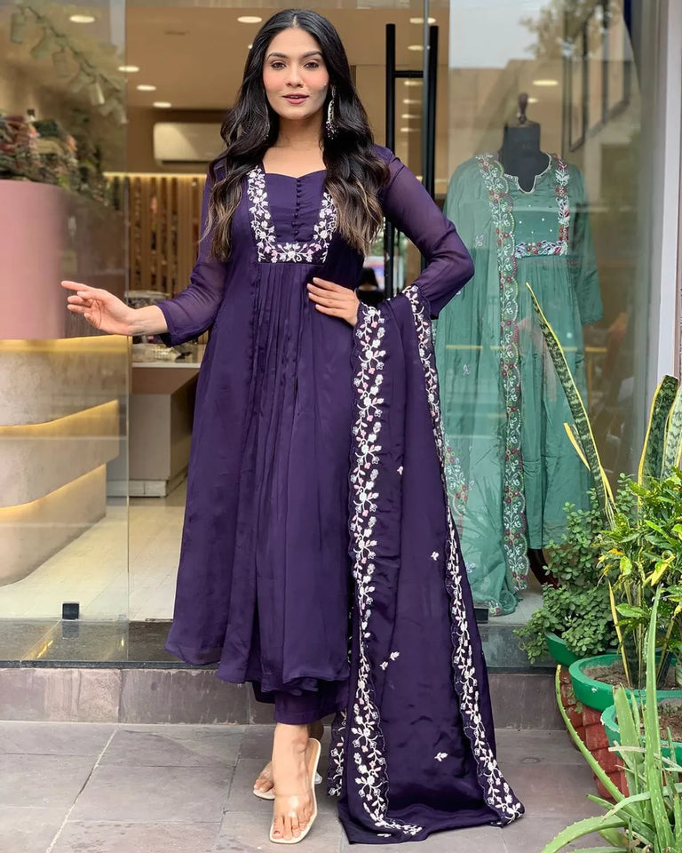 Libas Elegant Purple Embroidered Kurta Set with Dupatta