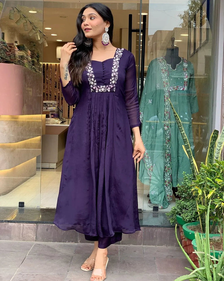 Libas Elegant Purple Embroidered Kurta Set with Dupatta