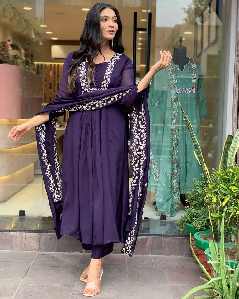 Libas Elegant Purple Embroidered Kurta Set with Dupatta