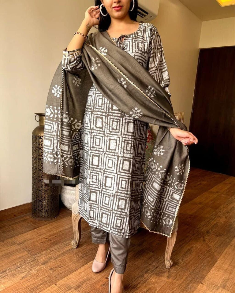 Dusky Purple Procion Printed Suit Set with Dupatta