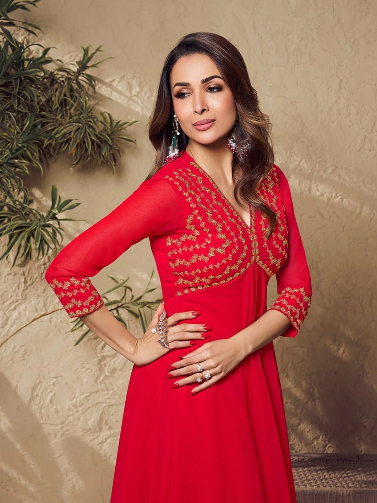 Malaika Arora Red Zari Embroidered Flared Kurta with Sharara