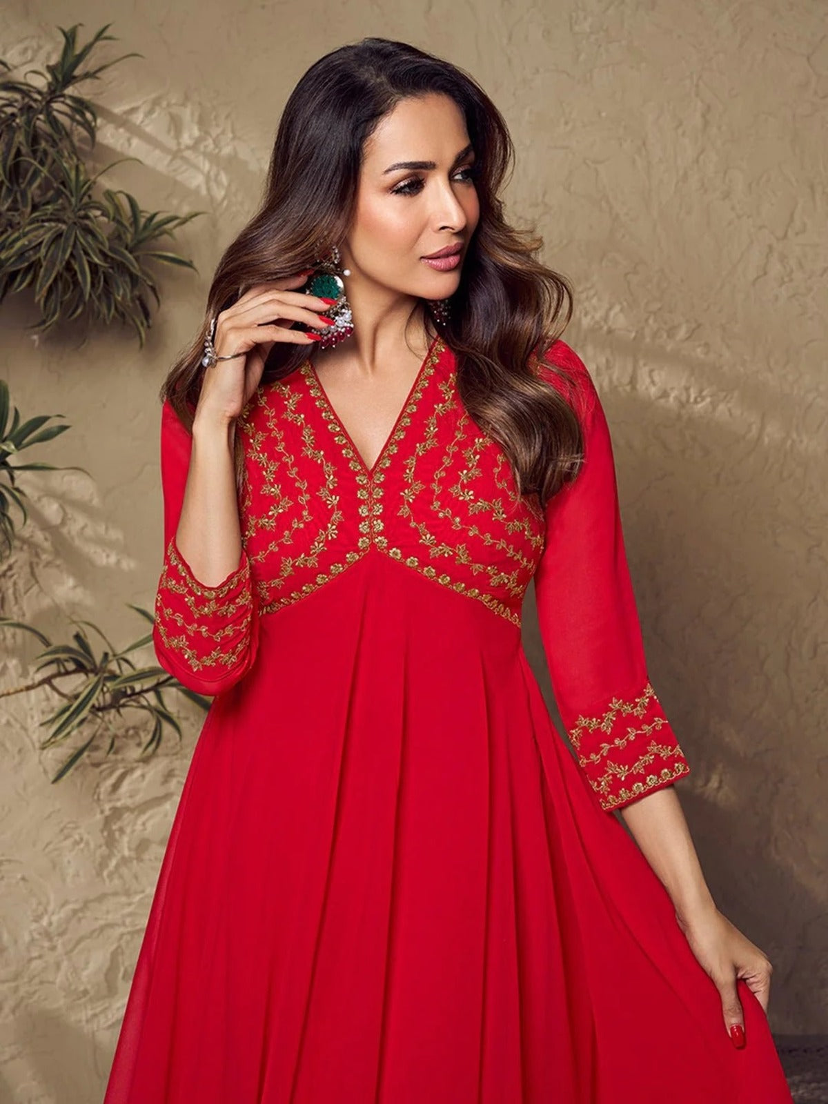 Malaika Arora Red Zari Embroidered Flared Kurta with Sharara