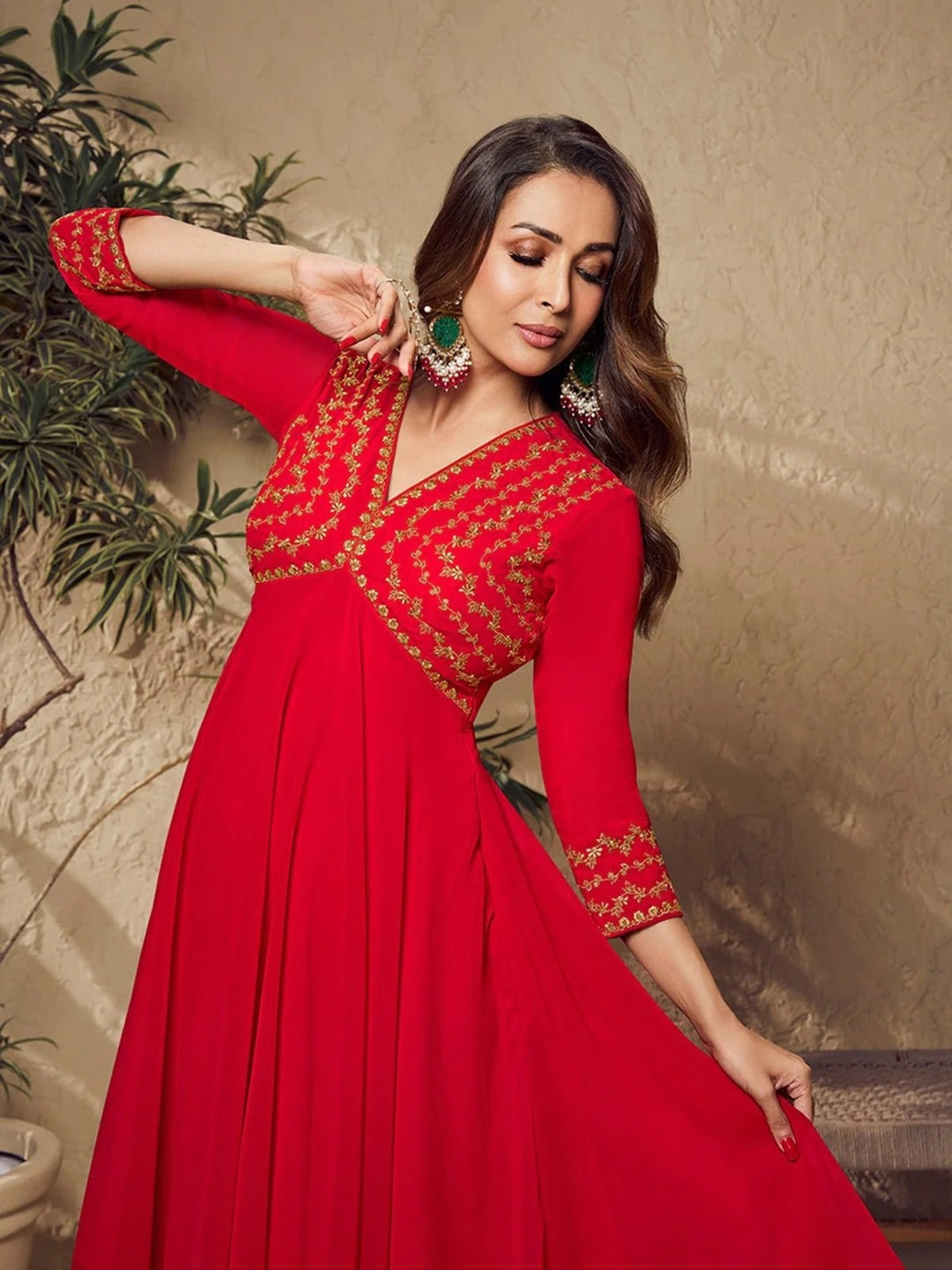 Malaika Arora Red Zari Embroidered Flared Kurta with Sharara