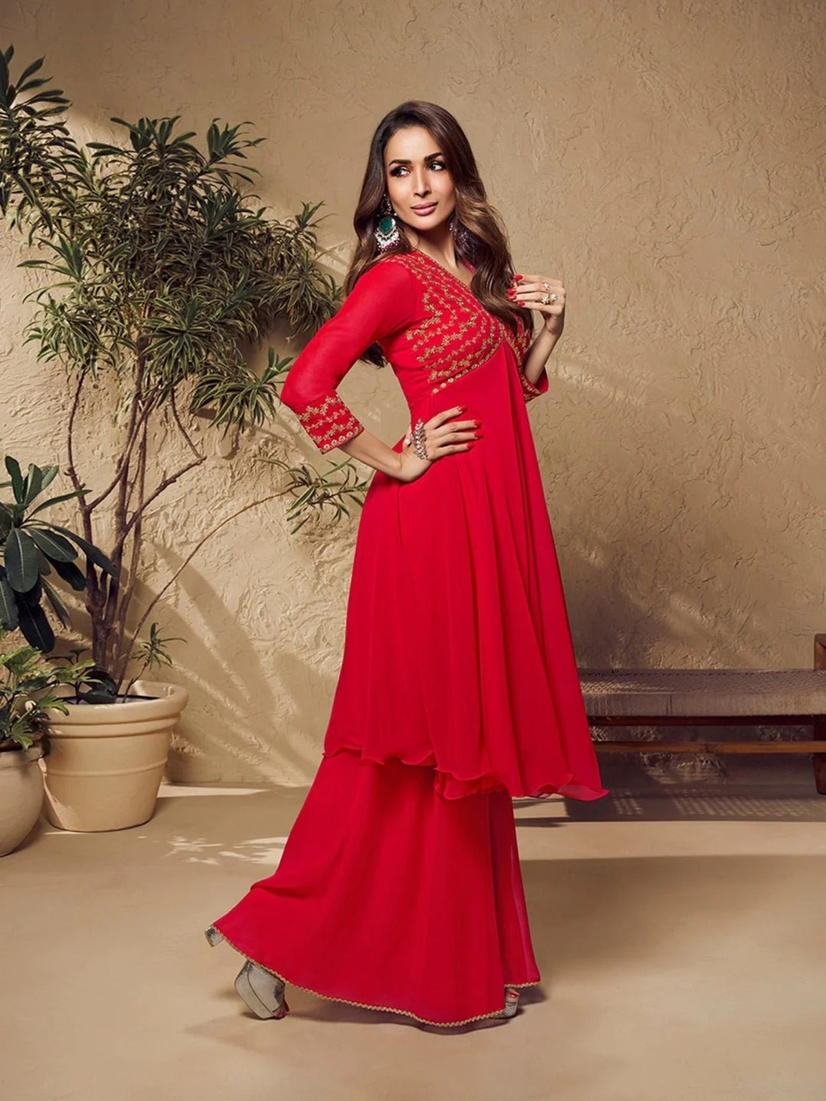 Malaika Arora Red Zari Embroidered Flared Kurta with Sharara