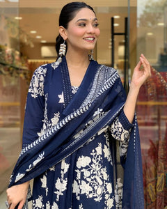 Women Cotton Blue Kurta Pant and Dupatta set