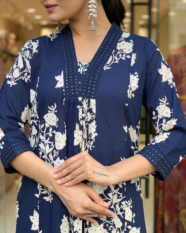 Women Cotton Blue Kurta Pant and Dupatta set