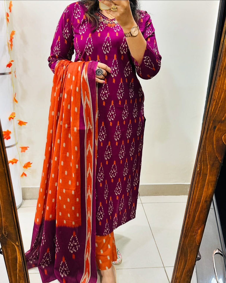 Ikkat Print with Kurti pant & dupatta set For Women