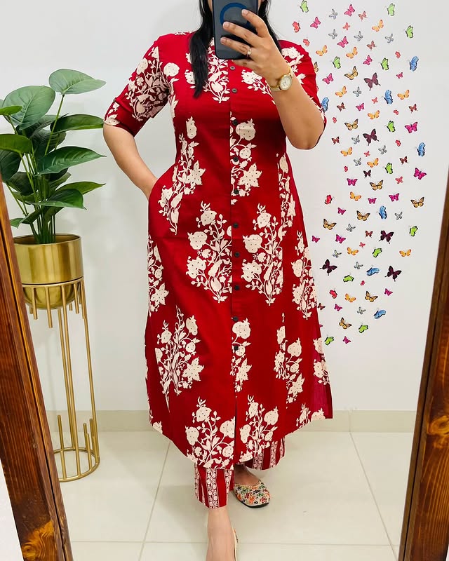 Libas Chic Red Floral Kurta Set with Straight Pants