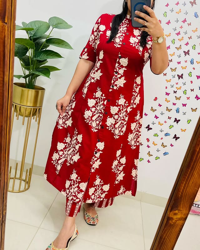 Libas Chic Red Floral Kurta Set with Straight Pants