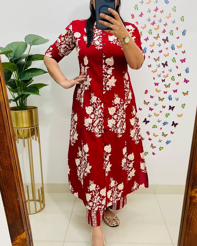 Libas Chic Red Floral Kurta Set with Straight Pants