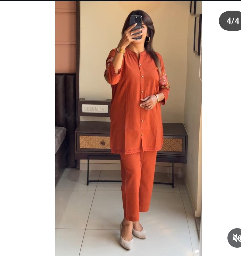 Rust Orange Cotton Coord Set with Embroidered Sleeves