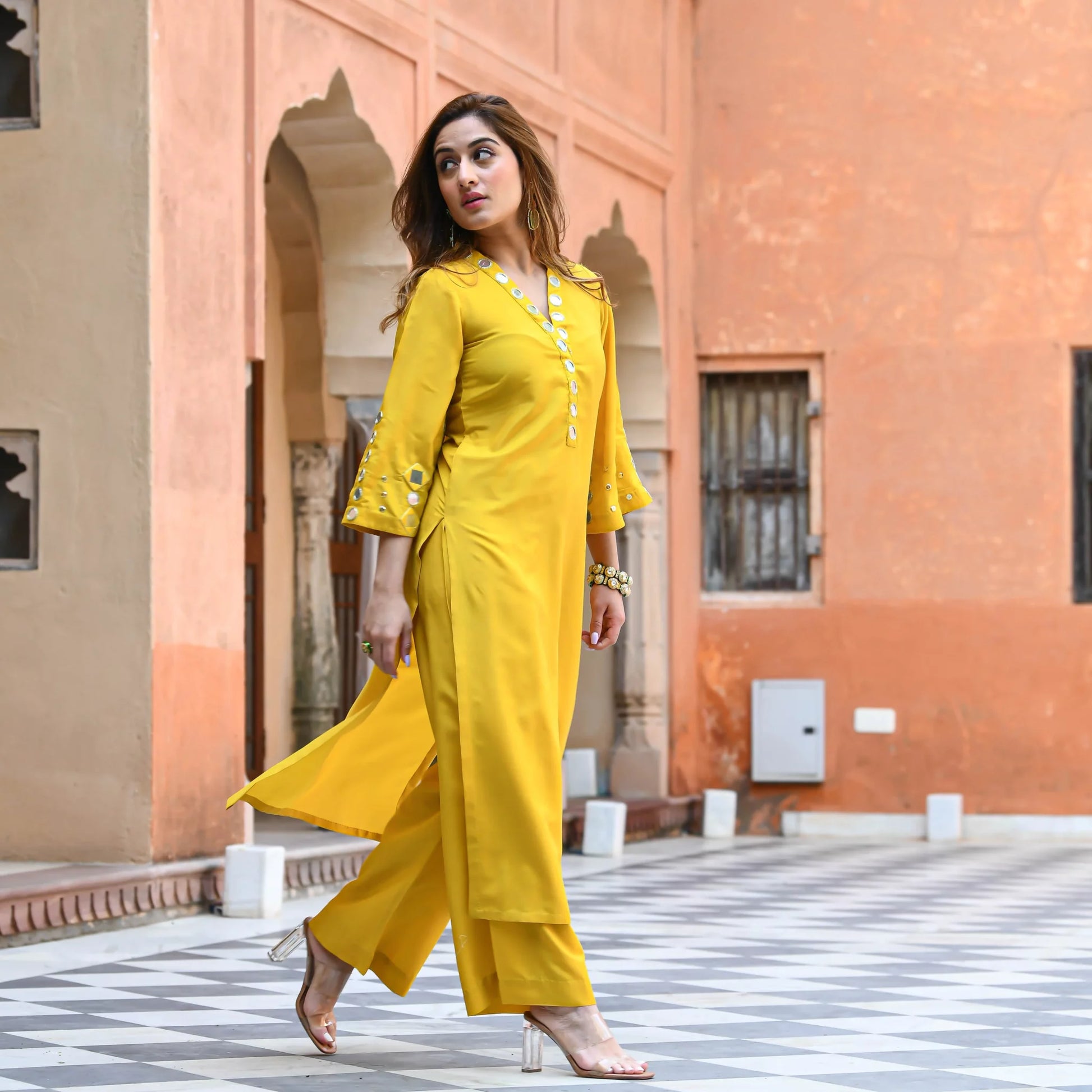 Yellow Mirror Work Cotton Kurta Palazzo Set