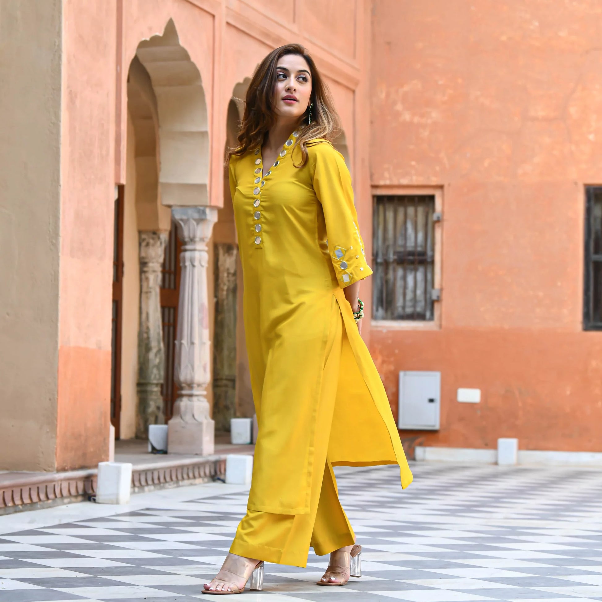 Yellow Mirror Work Cotton Kurta Palazzo Set
