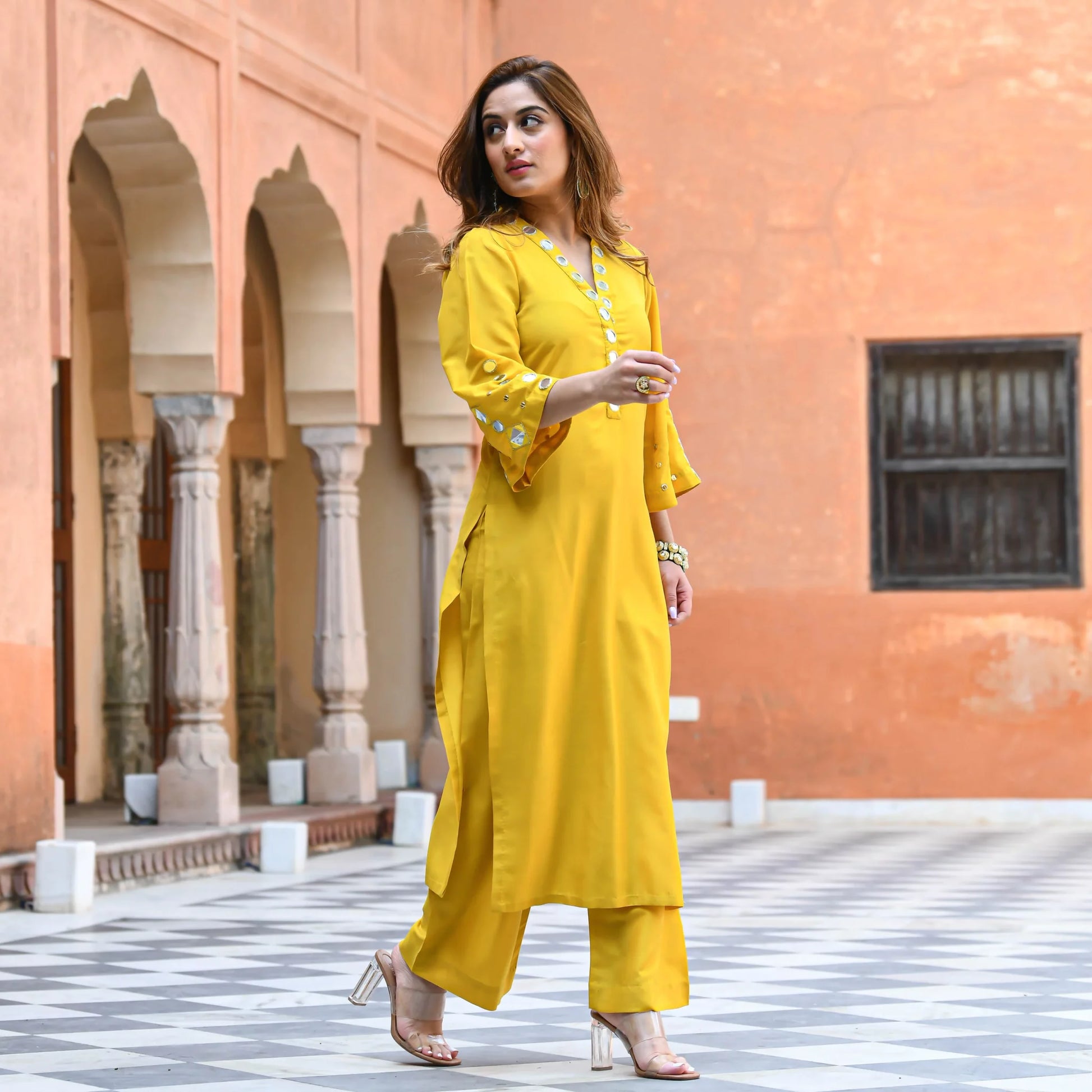 Yellow Mirror Work Cotton Kurta Palazzo Set